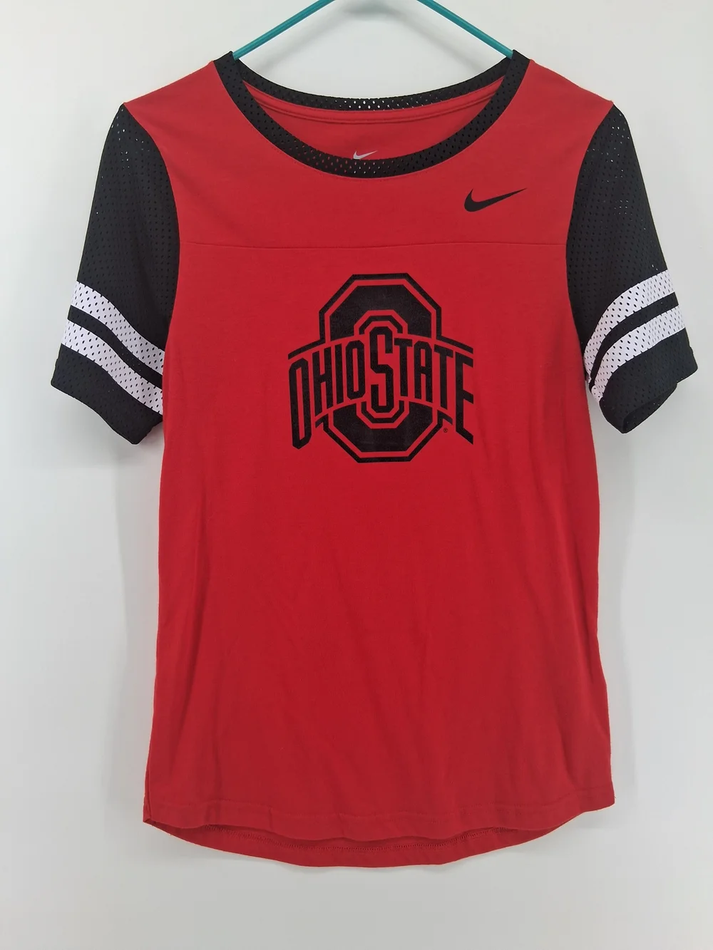 Nike Red Ohio State Logo Short Sleeve Tee with Black Mesh Sleeves